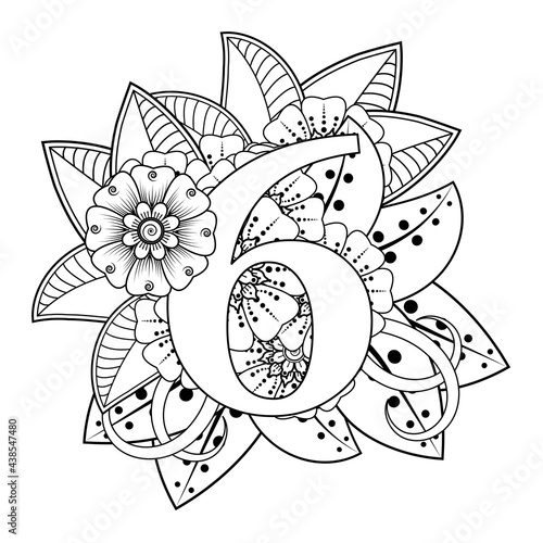Number 6 with Mehndi flower. decorative ornament in ethnic oriental style. coloring book page. 