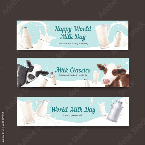Banner template with world milk day concept,watercolor style