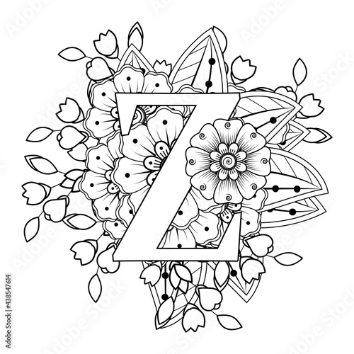Letter Z with Mehndi flower. decorative ornament in ethnic oriental style. coloring book page. 