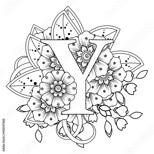 Letter Y with Mehndi flower. decorative ornament in ethnic oriental style. coloring book page. 