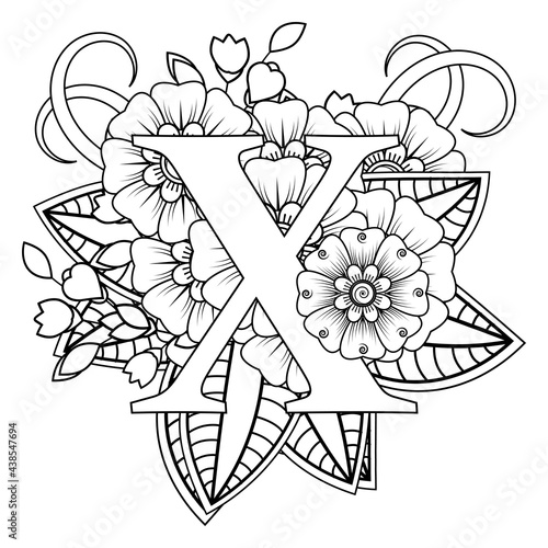 Letter X with Mehndi flower. decorative ornament in ethnic oriental style. coloring book page. 