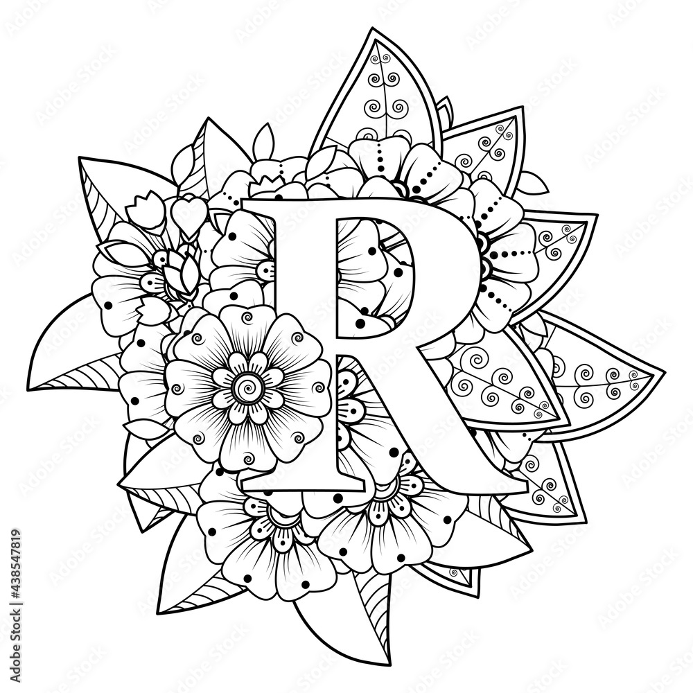 Letter R with Mehndi flower. decorative ornament in ethnic oriental style. coloring book page. 