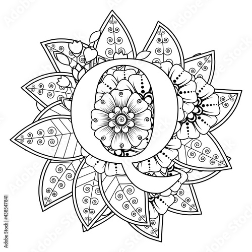 Letter Q with Mehndi flower. decorative ornament in ethnic oriental style. coloring book page. 