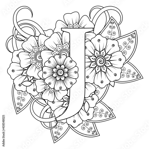 Letter J with Mehndi flower. decorative ornament in ethnic oriental style. coloring book page. 