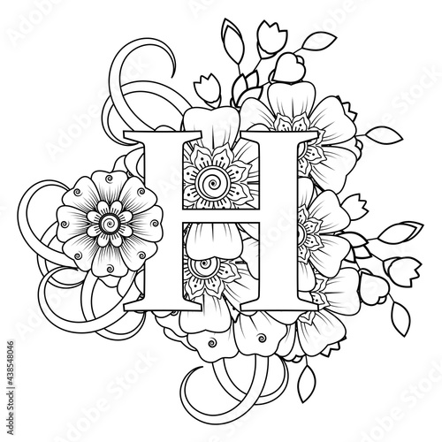 Letter H with Mehndi flower. decorative ornament in ethnic oriental style. coloring book page. 