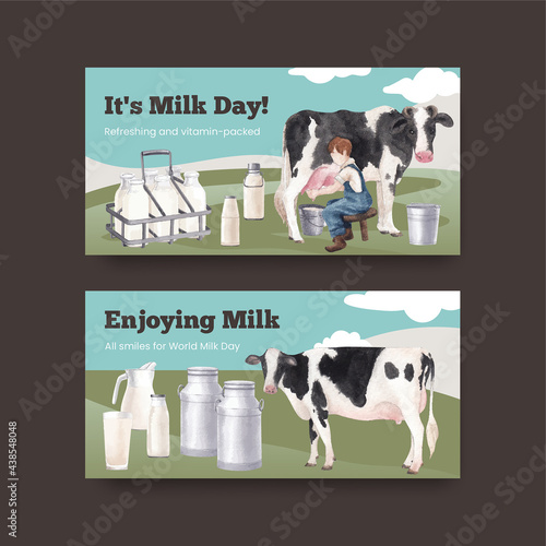 Twitter template with world milk day concept,watercolor style