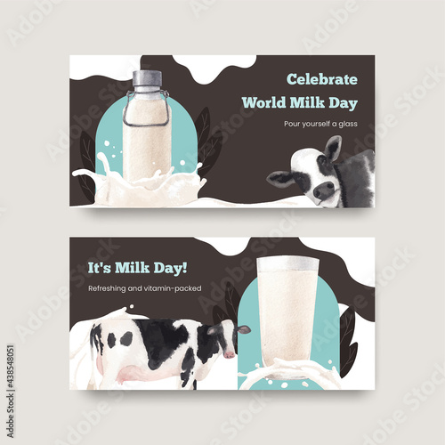 Twitter template with world milk day concept,watercolor style