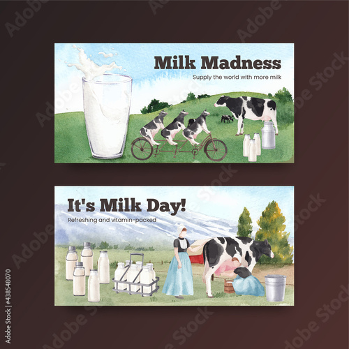 Twitter template with world milk day concept,watercolor style