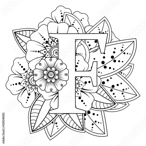 Letter F with Mehndi flower. decorative ornament in ethnic oriental style. coloring book page. 