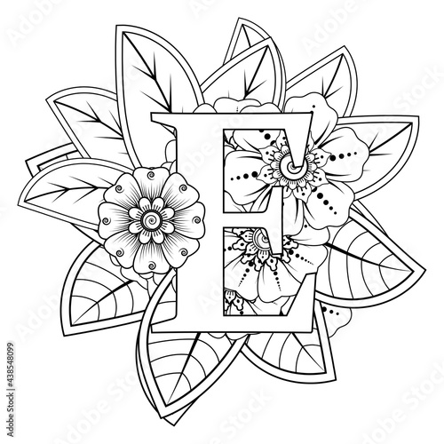 Letter E with Mehndi flower. decorative ornament in ethnic oriental style. coloring book page. 
