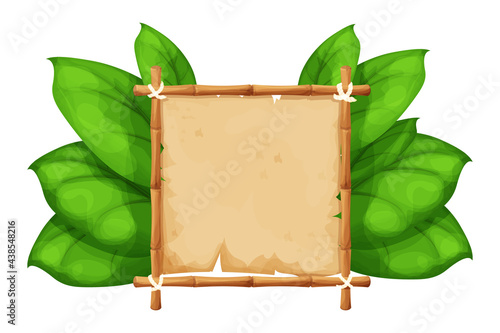 Bamboo frame with parchment in cartoon style decorated exotic, palm leaves isolated on white background. Jungle, tropical decoration. Vector illustration