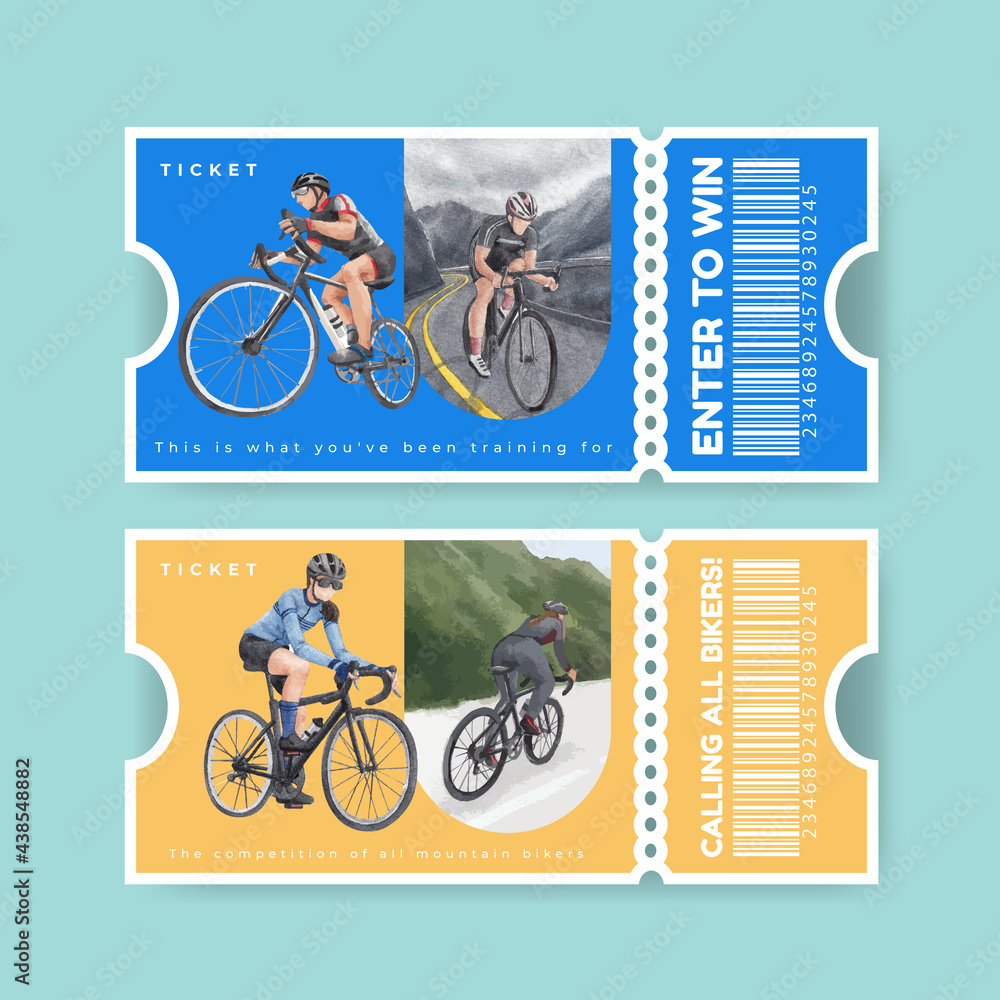 Fototapeta premium Ticket template with world bicycle day concept,watercolor style