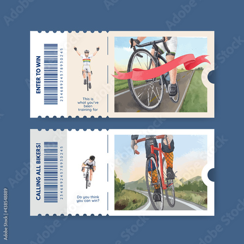 Ticket template with world bicycle day concept,watercolor style