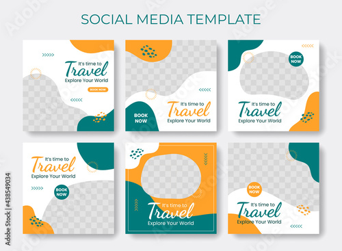 Editable template post for social media ad. Instagram template post. web banner ads for travel promotion .design with green and yellow color.