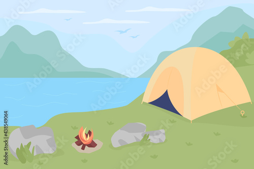 Camping spot in wilderness flat color vector illustration. Campground with bonfire for resting travelers. Panoramic 2D cartoon landscape with mountain peaks over lake on background