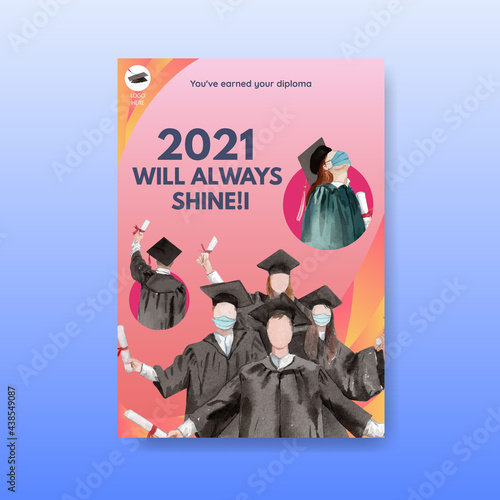 Poster template with class of 2021 concept,watercolor style