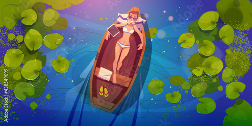 Woman in bikini relaxes in boat floating in river or lake. Top view of water surface with lily leaves and wooden rowboat with girl. Vector cartoon illustration of happy girl with tablet