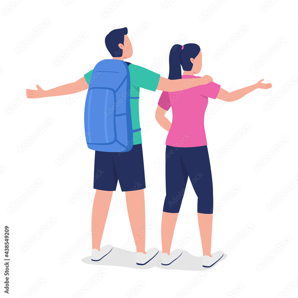 Obraz premium Couple of backpackers semi flat color vector characters. Boyfriend and girlfriend figures. Full body people on white. Hikers isolated modern cartoon style illustration for graphic design and animation