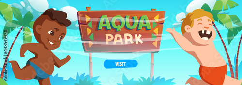 Aquapark banner with happy kids on sea beach with palm trees and wooden signboard. Vector poster with cartoon illustration of running boys play in summer resort waterpark