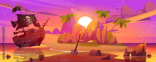 Pirate ship moored on secret island with treasure chest at sunset landscape. filibuster loot and shovel under on sea beach with palm trees. Adventure book or game scene, Cartoon vector illustration
