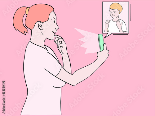 A woman who is making a video call with a smartphone. Hand drawn style vector design illustrations