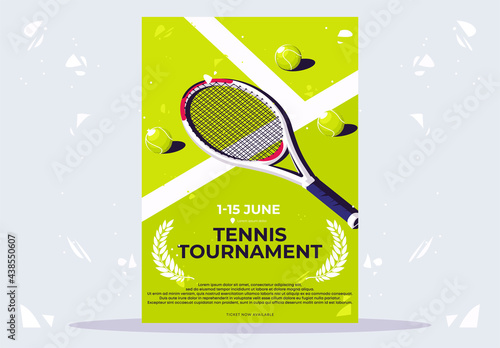 vector illustration of a minimalist poster for a tennis tournament, a tennis racket with light green balls lying on a tennis court © Leonid