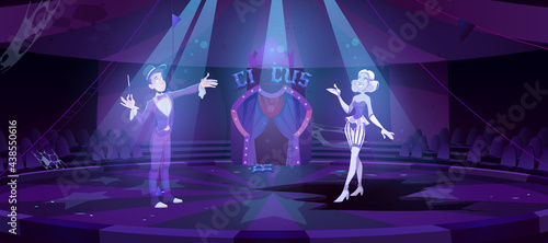 Ghosts on abandoned circus arena, dead artists perform magic show in darkness of big top stage. Halloween spooky scene, scary old interior with moonlight falling on floor, Cartoon vector illustration