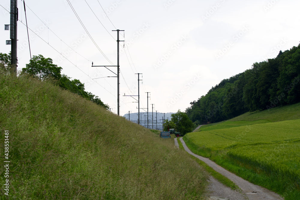 Rural pathway alongside the railway tracks at Eglisau, canton Zurich, on a rainy day at summertime. Photo taken June 9th, 2021, Eglisau, Switzerland. Rural pathway alongside the railway tracks at Eglisau, canton Zurich, on a rainy day at summertime. Photo taken June 9th, 2021, Eglisau, Switzerland.