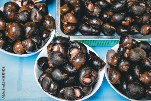 Close up of snails cooked in lemongrass and chilli called oc luoc xa, a popular Vietnamese street food photo