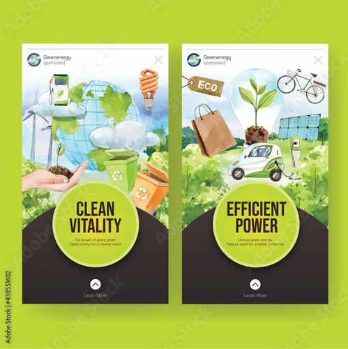 Instagram template with green energy concept,watercolor style