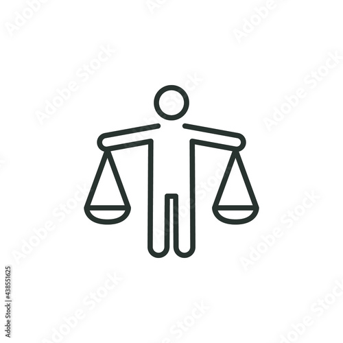 Man with scales icon. Simple outline style. Integrity, lawyer, person, justice, legal, law, judge, balance, equality concept. Vector illustration isolated on white background. Thin stroke EPS 10.