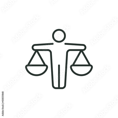 Man with scales icon. Simple outline style. Integrity, lawyer, person, justice, legal, law, judge, balance, equality concept. Vector illustration isolated on white background. Thin stroke EPS 10.