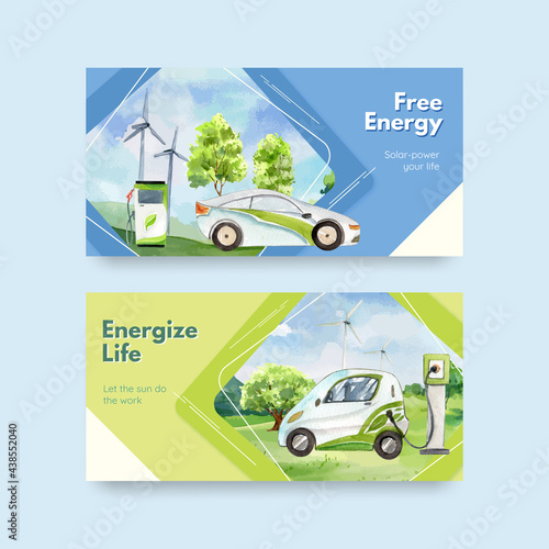 Twitter template with green energy concept,watercolor style