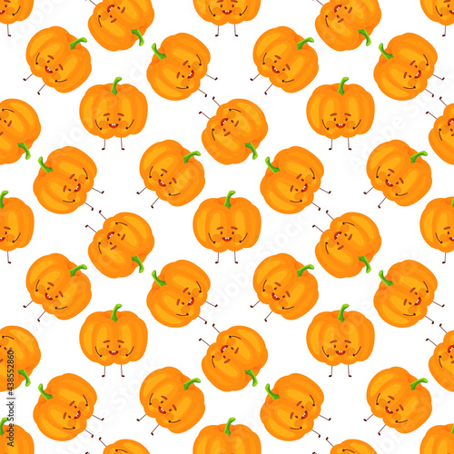 Fototapeta Naklejka Na Ścianę i Meble -  Cute seamless pattern with pumpkins, face and smile. Halloween party decoration. Vegetable print with a smirk.