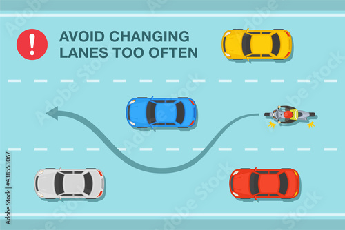Motorcycle driving safety rule. Bike rider is changing position on three lane road. Avoid changing lanes too often. Flat vector illustration template.