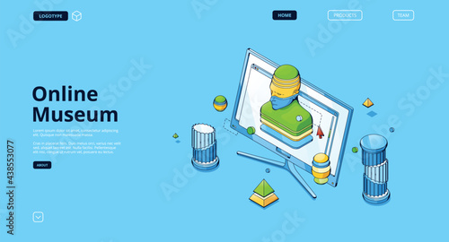Online museum banner. Concept of virtual art gallery, digital exhibition. Vector landing page with isometric illustration of computer screen with digitalized man statue