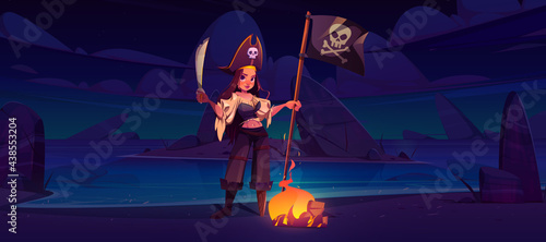 Girl pirate on night beach with jolly roger flag and sword near burning fire. Filibuster woman in captain costume, cocked hat and wooden leg stand on rocky island sea shore Cartoon vector illustration