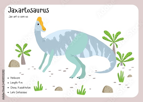 Dinosaur Fact Flash Cards - Dinosaur Names Corresponding to the English Alphabet. Cute colorful vector illustration. Herbivore set. Dinosaur vegan. Set cards a-z dinosaur j. Jaxartosaurus