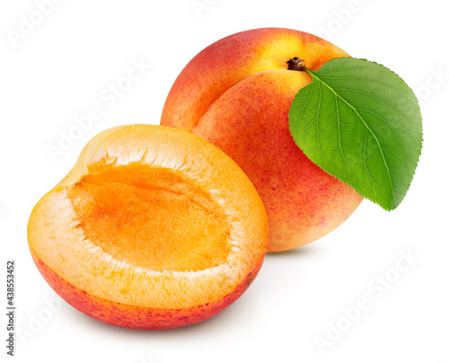 Apricot fruit with apricot half and leaves isolated on white background. Apricot clipping path