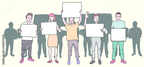 Group of people protesting vector flat illustration. Young men holding empty placards and protesting. Social movement, demonstration, protest, activism, voting concept