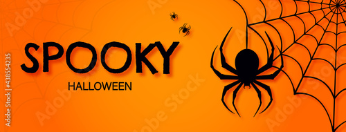 Invitation, banner, holiday illustration for Halloween with a silhouette of spider webs and spiders, with the text Spooky Halloween on an orange and yellow background. 