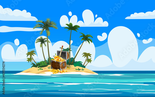 Fototapeta Treasure exotic tropical Island, ancient pirate treasure chest, scull, plants, palms, sea, ocean, clouds