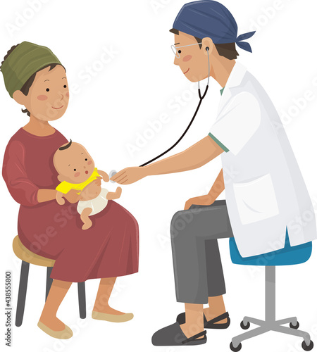 Illustrations of mothers and babies undergoing medical examination, health and welfare, SDGs