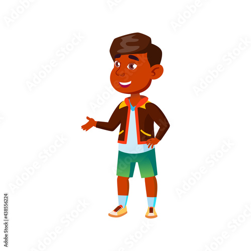 pretty india boy child speaking with soccer sport team cartoon vector. pretty india boy child speaking with soccer sport team character. isolated flat cartoon illustration