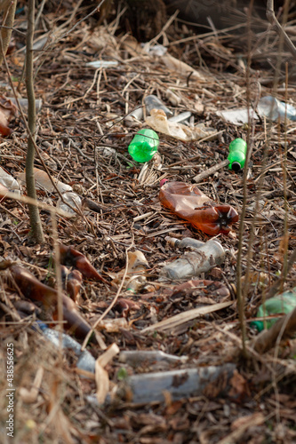 pastik garbage bottles on nature background. Ecology concept 