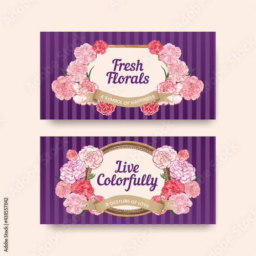 Twitter template with carnation flower concept, watercolor style