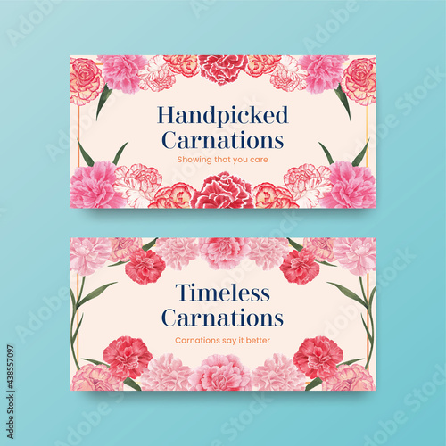 Twitter template with carnation flower concept, watercolor style