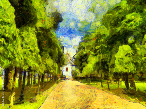 Photos Ancient thai architecture landscape Illustrations creates an impressionist style of painting