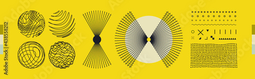 Spheres with twist lines. Abstract radial lines as propeller or fan. Design elements for badge or label. Vector illustration.