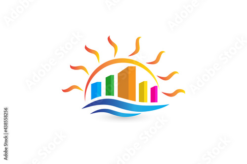 Modern blue buildings and sun real estate id business card icon logo vector image graphic design illustration